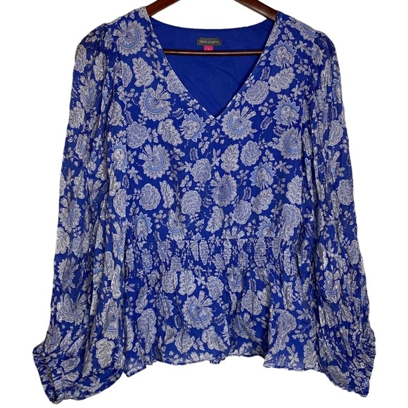 Vince Camuto Blue Gray Floral Print Smocked Waist Balloon Sleeve Peplum Small - Picture 2 of 16